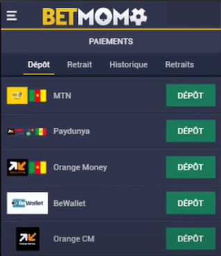 Dépôt argent sur Betmomo avec BeWallet