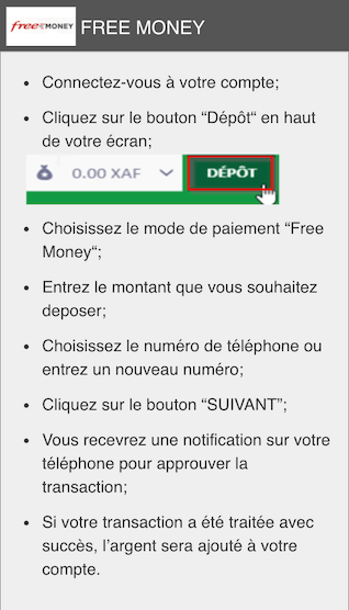 faire un dépôt sur Premier Bet avec le mode de paiement Free Money