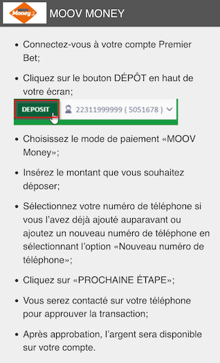 Information sur le dépôt avec Moov Money sur Premier Bet