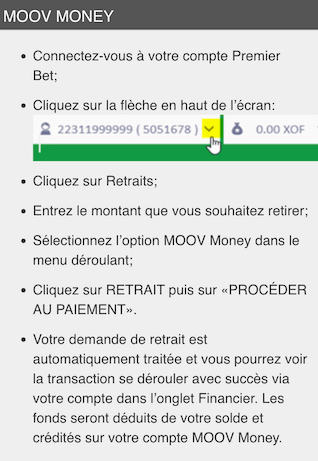 Informations retrait avec Moov Money sur Premier Bet