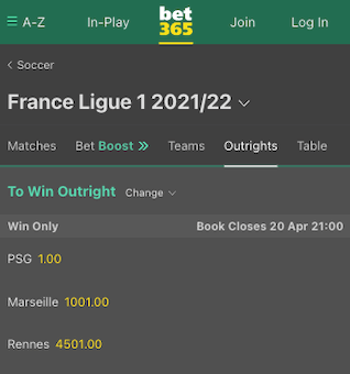 cotes surebet championnat de france de Ligue 1 saison 2021-2022