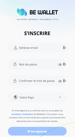 procédure d'inscription sur Be Wallet