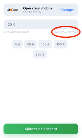 Montant minimum et maximum de dépôt sur 1Win avec Orange Money