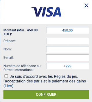 déposer de l'argent avec visa sur 1xbet