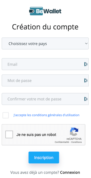 procédure d'inscription sur Bewallet