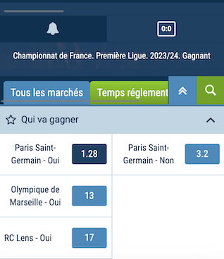 Cotes vainqueur championnat de France de Ligue 1 saison 2023/2024